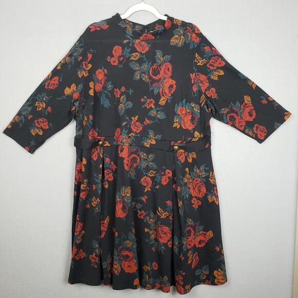 ModCloth 3X Long Sleeve Midi Dress Dark Floral Fairy Grunge Modest Casual Fall - Picture 1 of 10